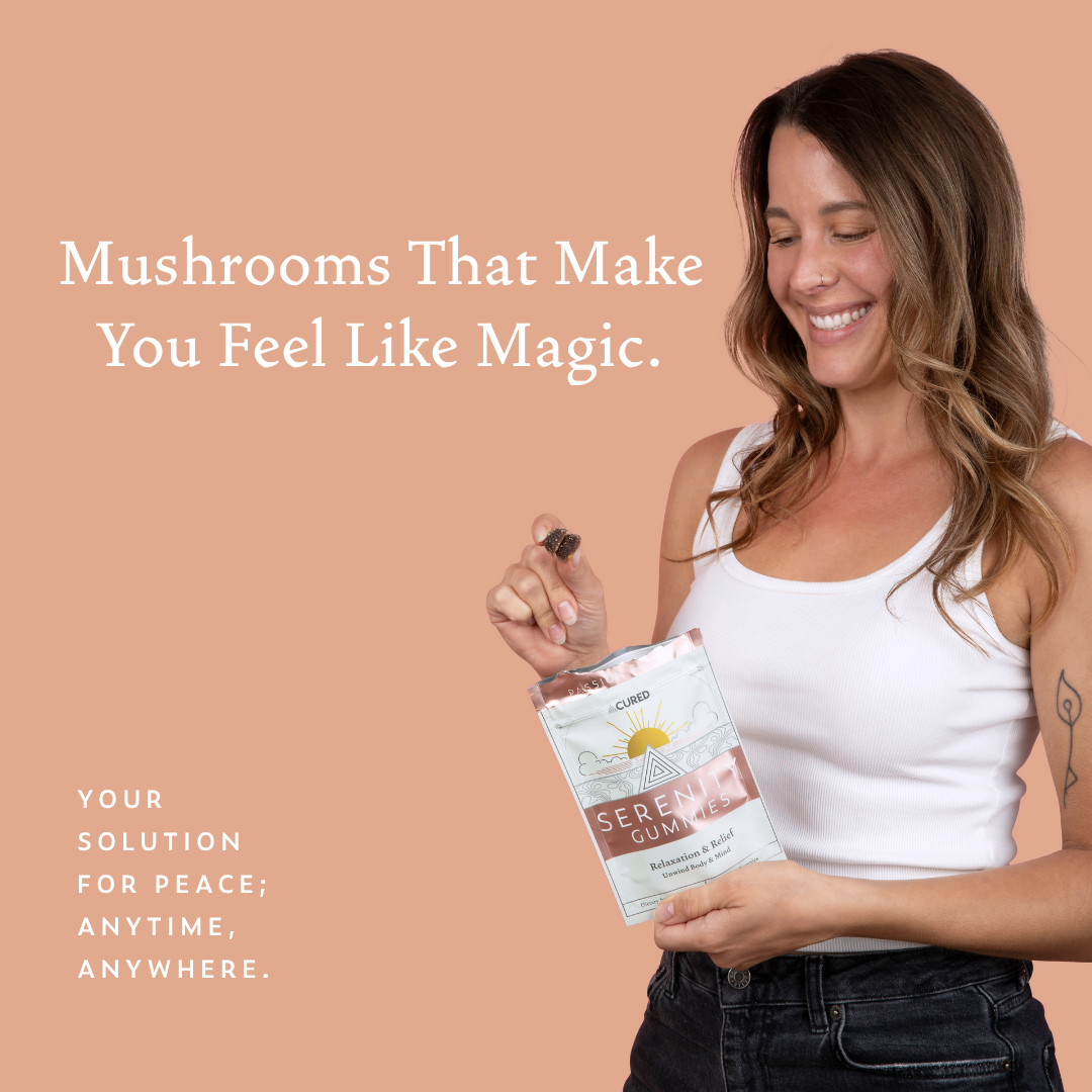 Woman in white tank top holding a gummy and smiling against peach background with text about mushrooms