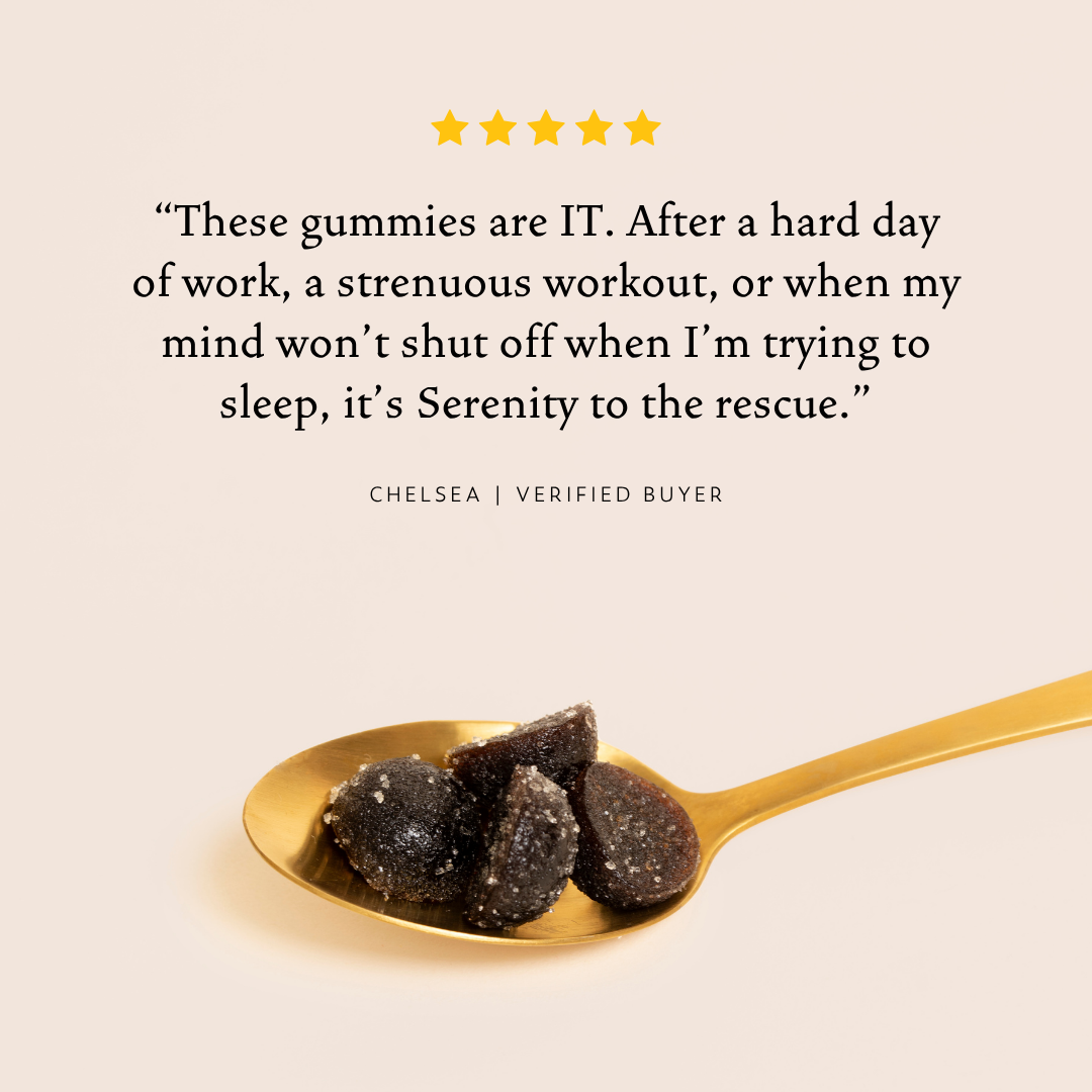 Gold spoon with three brown gummies and customer review quote about product effectiveness for relaxation