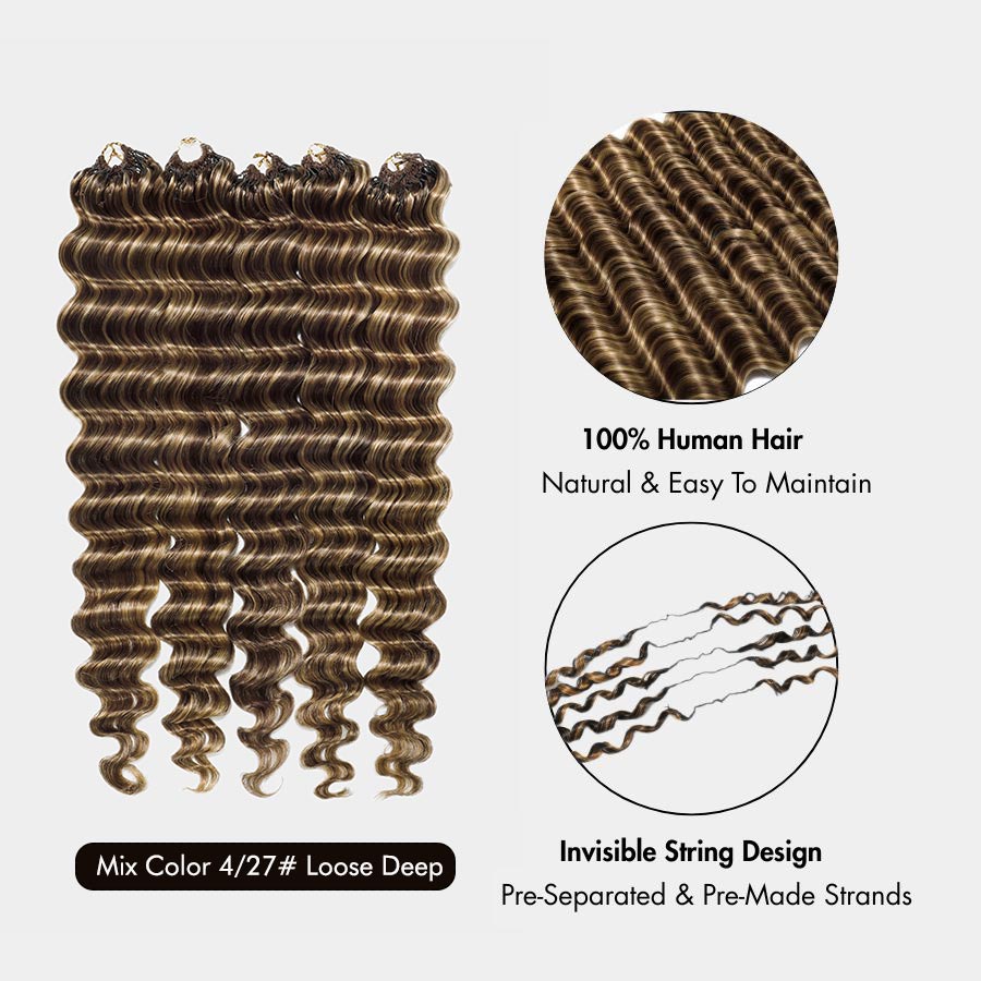 Bundle of pre-separated deep wave crochet hair strands in mixed brown and blonde color with texture closeup