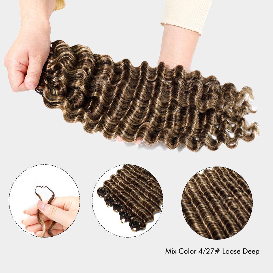 Hands holding wavy textured hair in brown and blonde tones with product detail circles below
