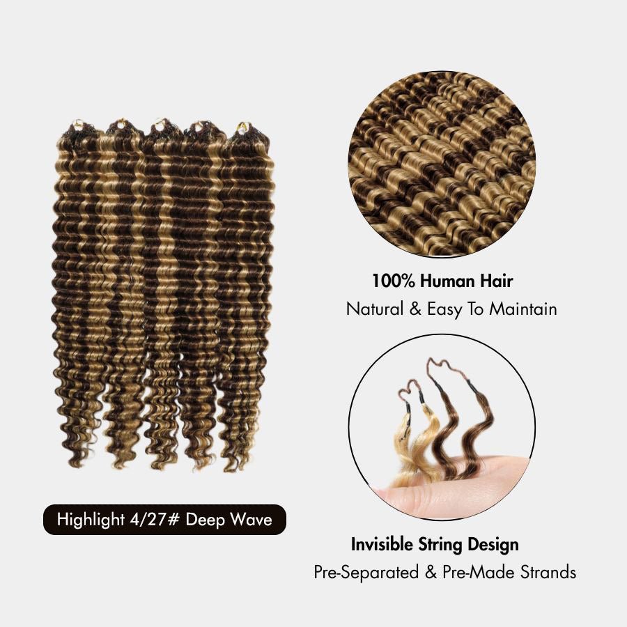 Bundle of pre-separated deep wave crochet hair strands laid flat showing invisible string design and highlights