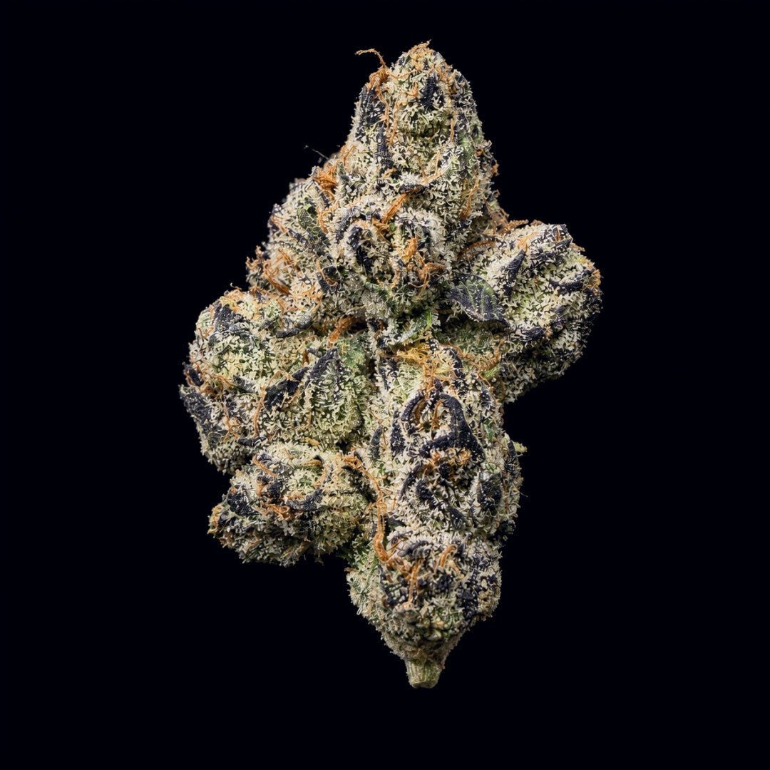Multi-lobed cannabis flower cluster with white and green crystalline coating against black background