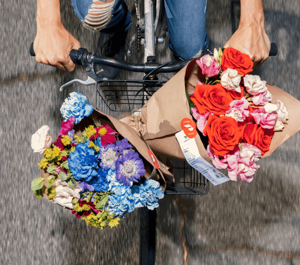 Overhead view of hands holding bicycle handlebars with colorful flower bouquets in basket